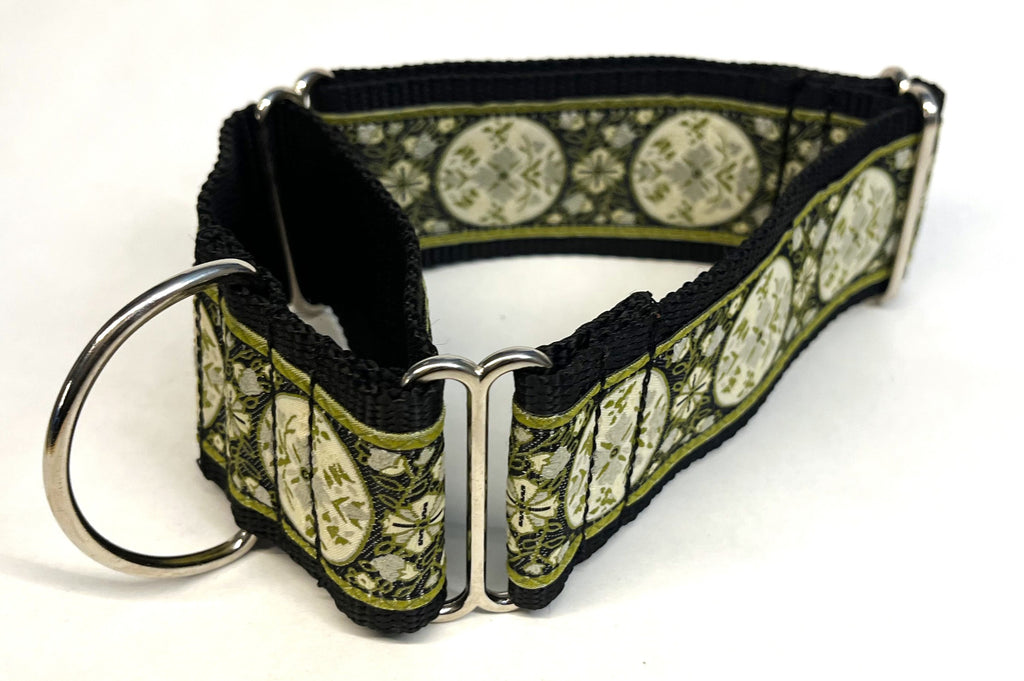 White, Olive, and Black Floral Medallion Martingale Collar 2in