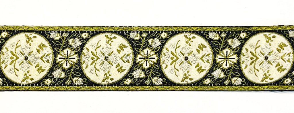 Black with White and Olive Floral Medallion Dog Collar 1 1/2 in