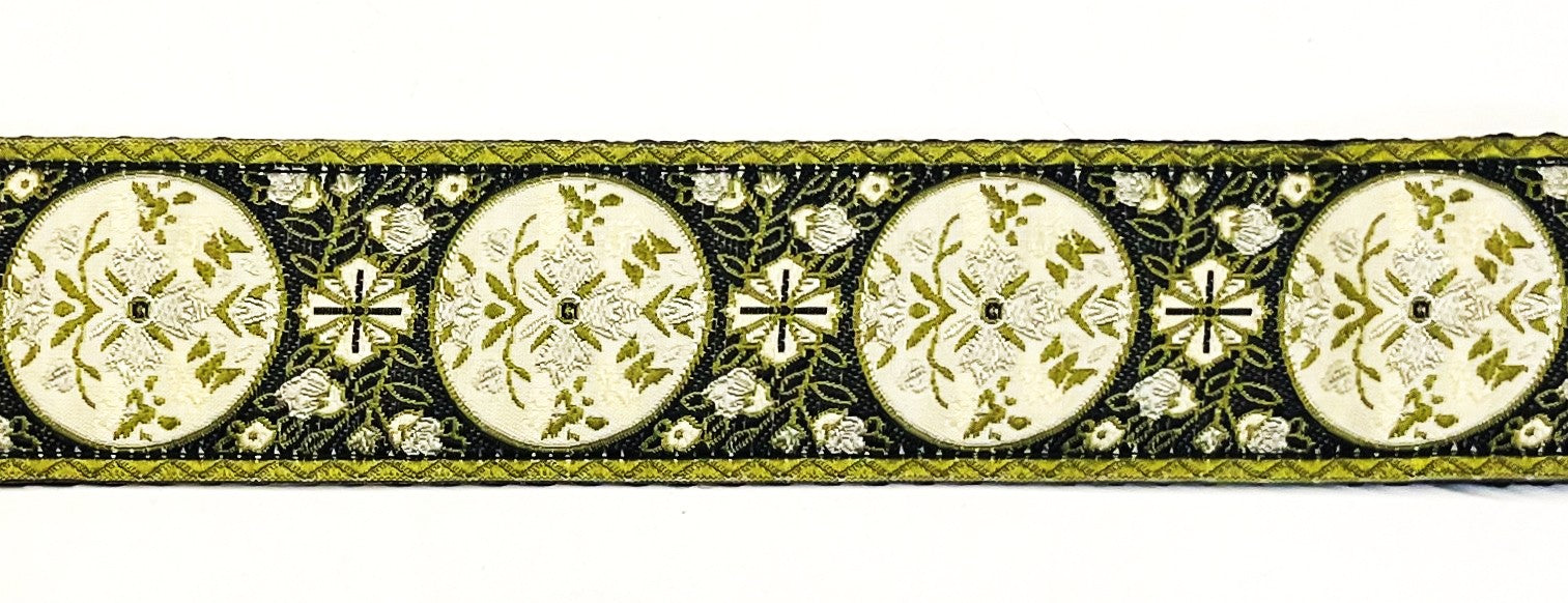 Black with White and Olive Floral Medallion Dog Collar 1 1/2 in
