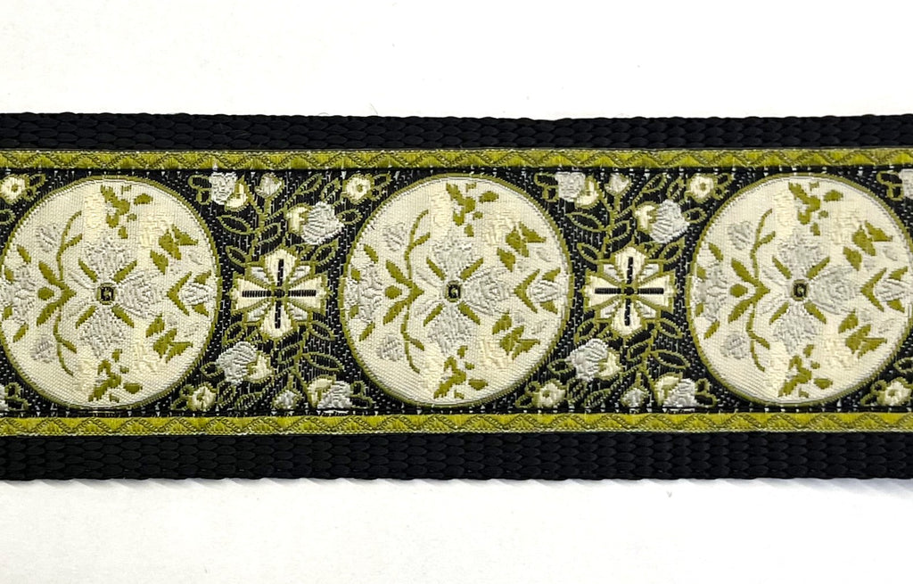 White, Olive, and Black Floral Medallion Dog Collar 2in