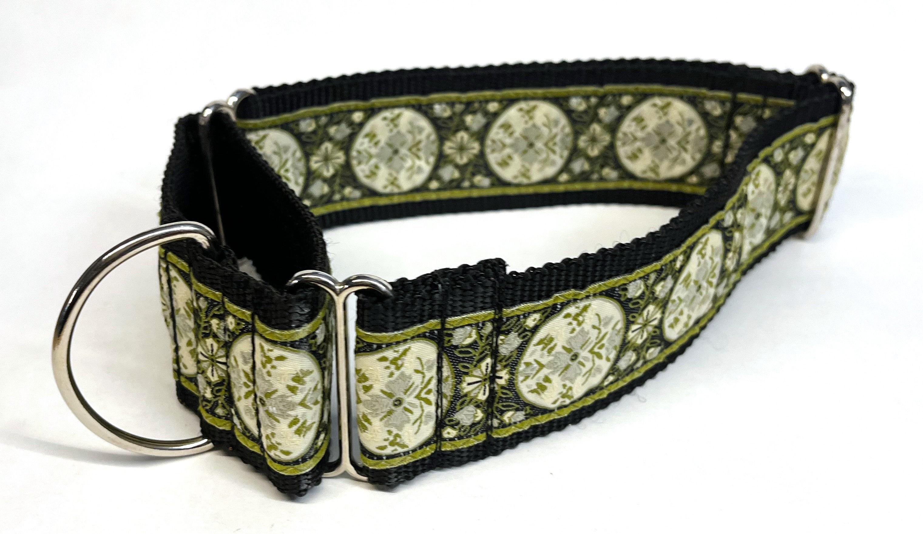 White, Olive, and Black Floral Medallion Martingale Collar 2in