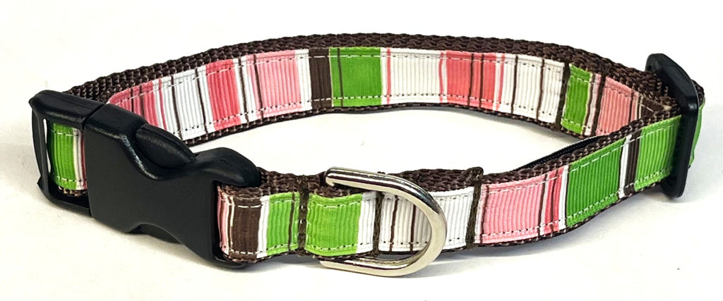 White, Pink, Green, Brown Vertical Stripe Dog Collar 3/4