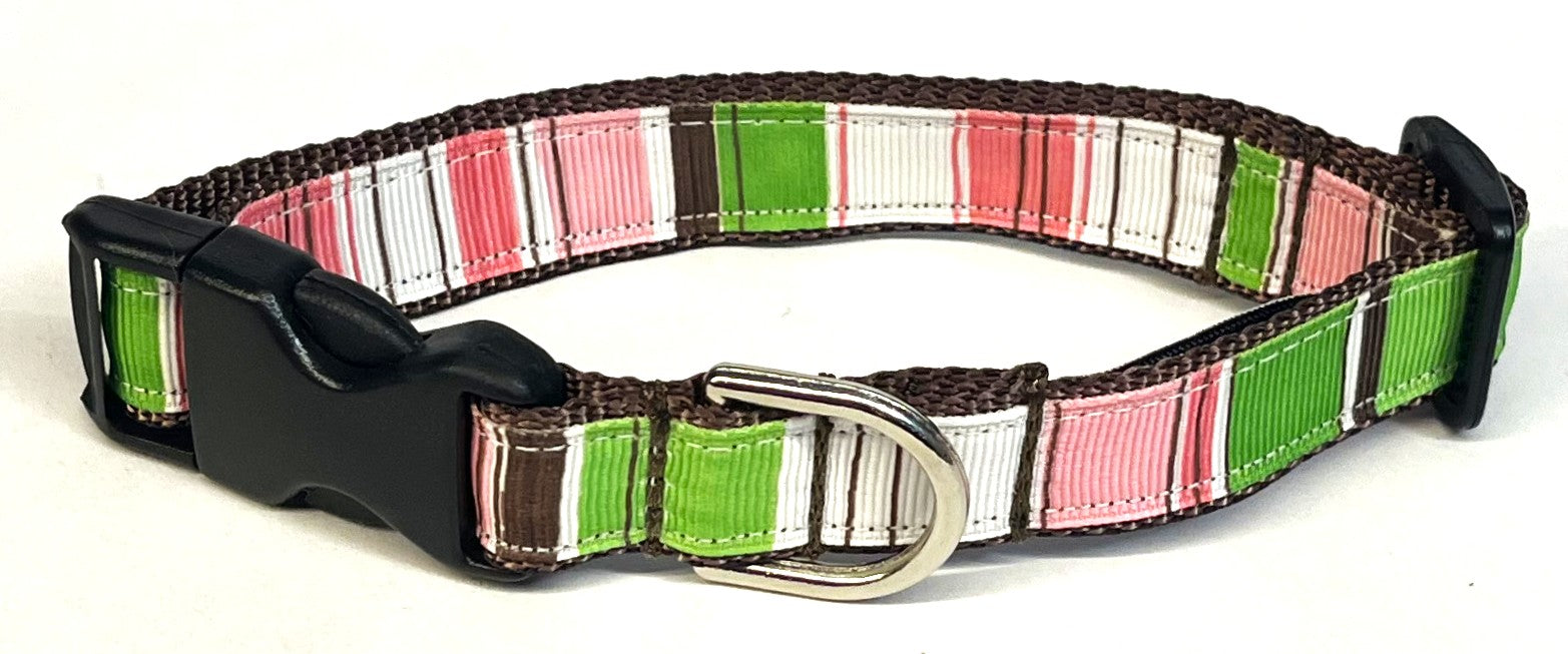 White, Pink, Green, Brown Vertical Stripe Dog Collar 3/4