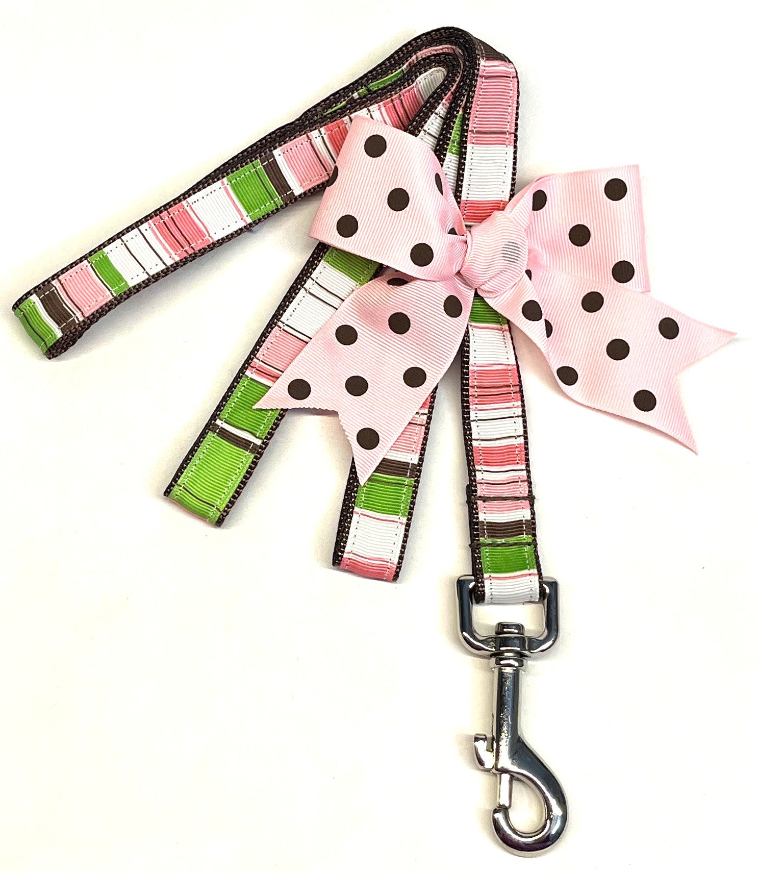White, Pink, Green, Brown Vertical Stripe Dog Leash 3/4