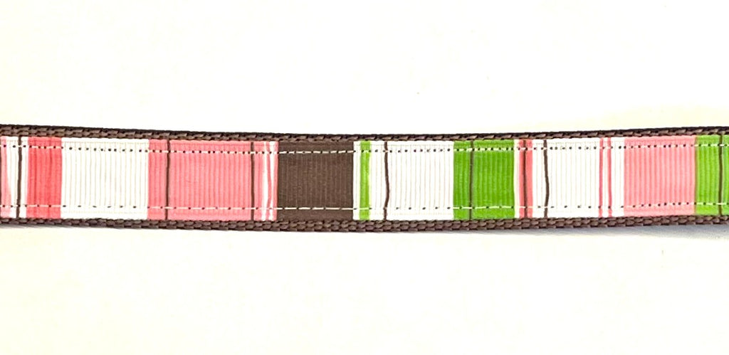 White, pink, green, and brown vertical stripe dog collar on brown webbing, 3/4 inch width