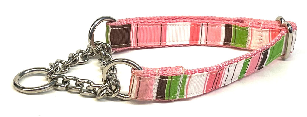 White, Pink, Light Pink, Green, Brown Stripe Chain Martingale Collar 3/4
