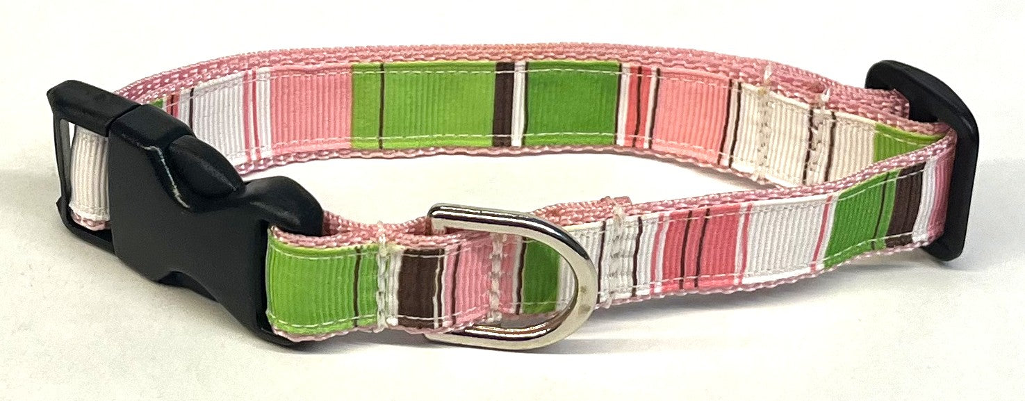 White, Pink, Light Pink, Green, Brown Stripe Dog Collar 3/4