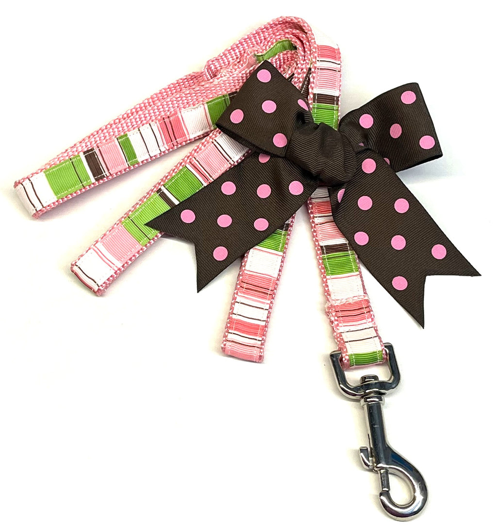 White, Pink, Light Pink, Green, Brown Stripe Dog Leash 3/4