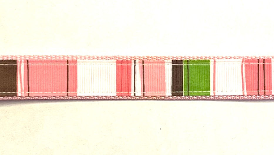 White, Pink, Light Pink, Green, Brown Stripe Dog Collar 3/4