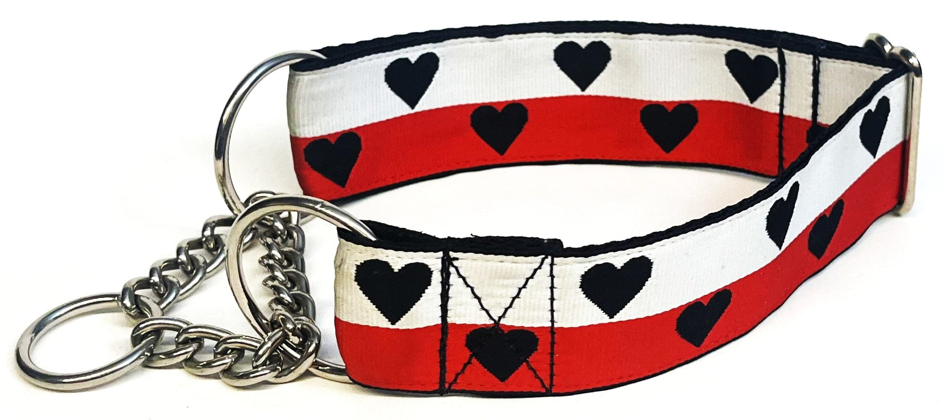 White, Red Stripe with Black Hearts Chain Martingale Collar 1 1/2 in
