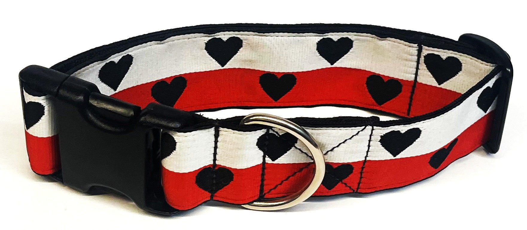 White, Red Stripe with Black Hearts Dog Collar 1 1/2 in