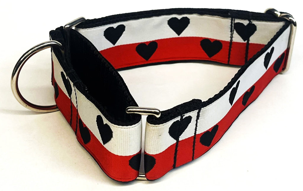 White, Red Stripe with Black Hearts Martingale Collar 1 1/2 in
