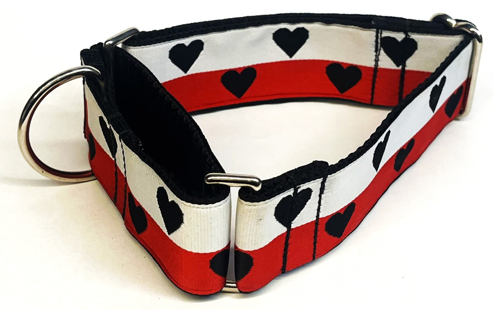 White, Red Stripe with Black Hearts Martingale Collar 1 1/2 in