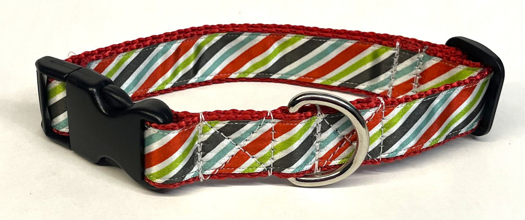 White, Red, Green, Black, Blue Diagonal Stripe Dog Collar 1in