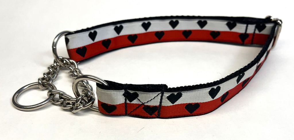 White and Red with Black Hearts Chain Martingale Collar 1in