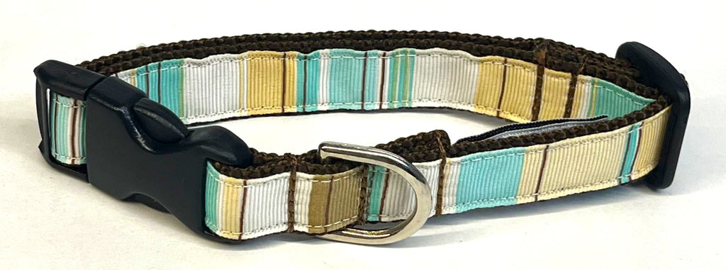 White, Yellow, Aqua, Olive, Brown Vertical Stripe Dog Collar 3/4