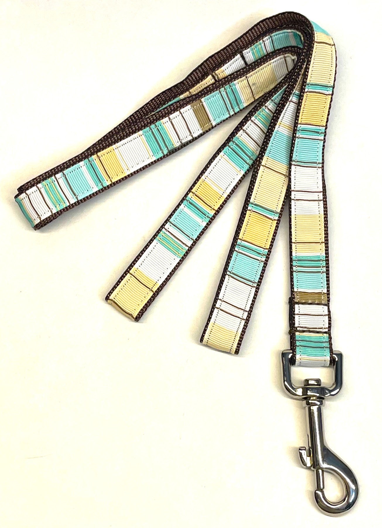 White, Yellow, Aqua, Olive, Brown Vertical Stripe Dog Leash 3/4
