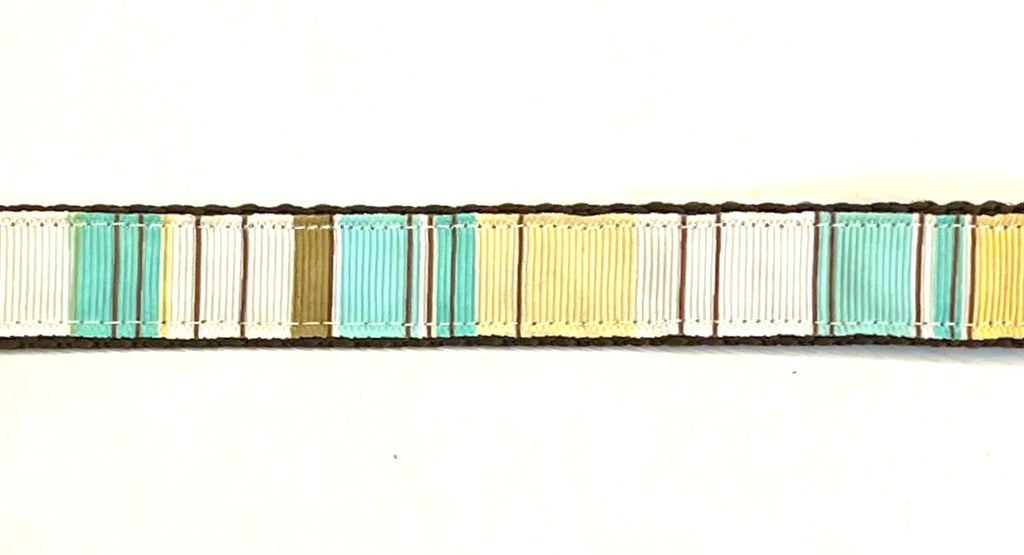 White, yellow, aqua, olive, and brown vertical stripe dog leash on brown webbing, 3/4 inch width