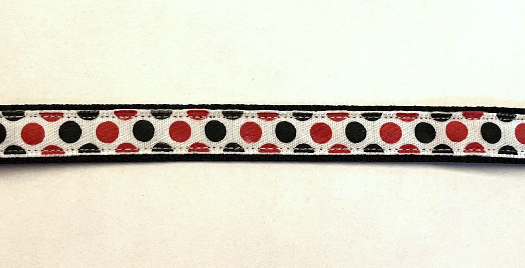 White with black and red polka dots dog collar on black webbing, 1/2 inch width