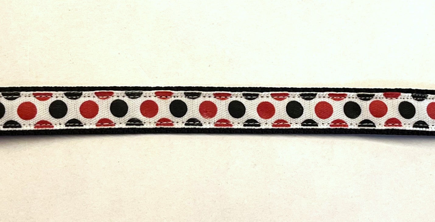 White with black and red polka dots dog collar on black webbing, 1/2 inch width