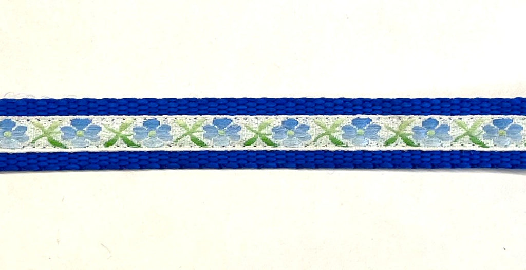 White with Blue Flowers and Green Leaves Dog Collar 3/4 inch on blue webbing