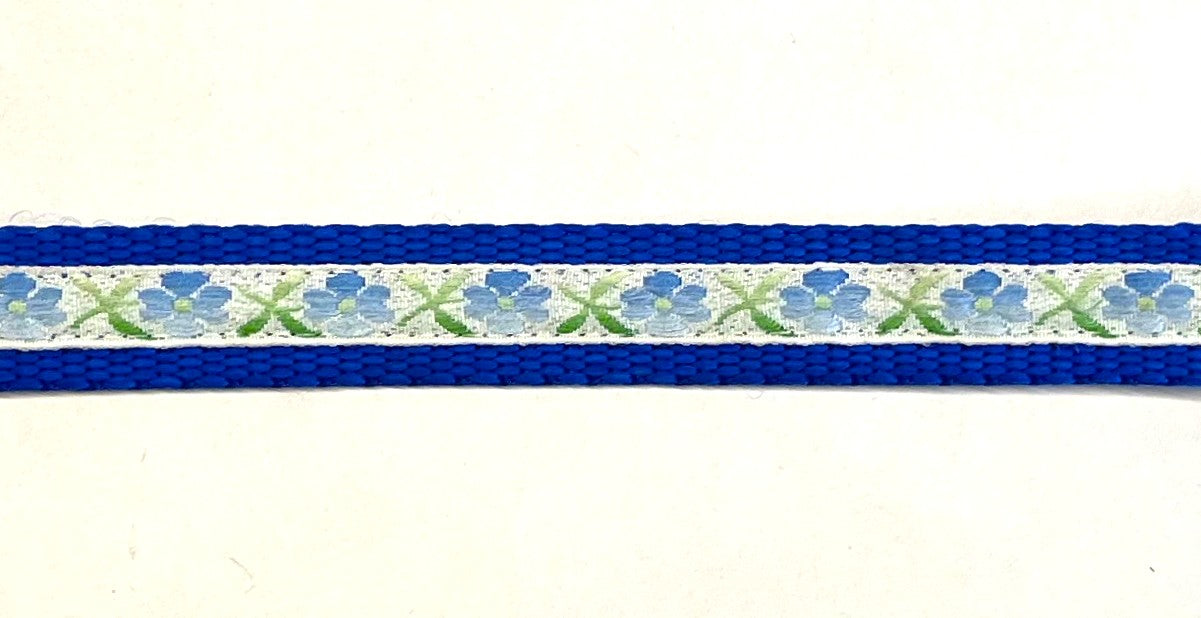 White with Blue Flowers and Green Leaves Dog Collar 3/4 inch on blue webbing