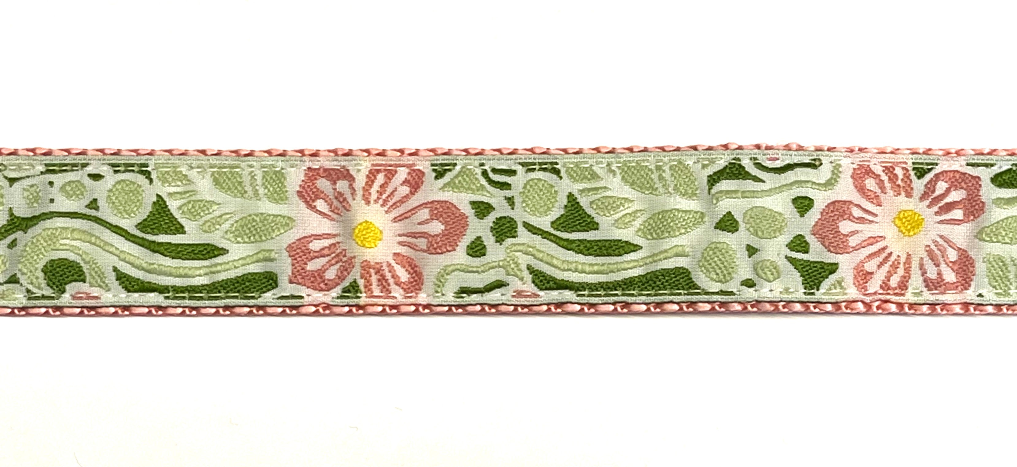 White with Green and Light Pink Flower Design Martingale Collar 1in
