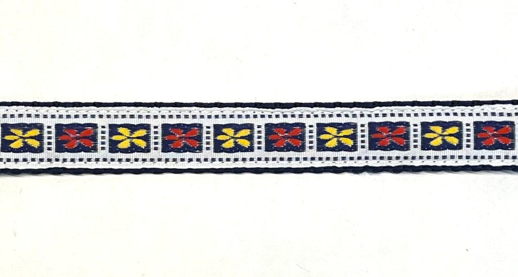 White with Navy Dots and Yellow and Red Flowers Dog Collar 3/4 inch on navy webbing