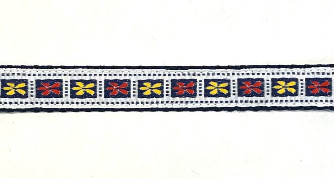 White with Navy Dots and Yellow and Red Flowers Dog Collar 3/4 inch on navy webbing