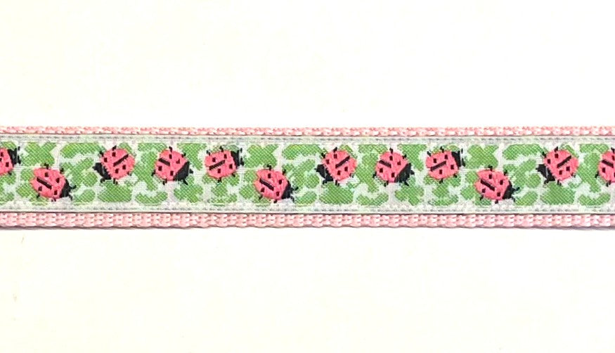 White with pink ladybugs and green leaves dog collar on light pink webbing