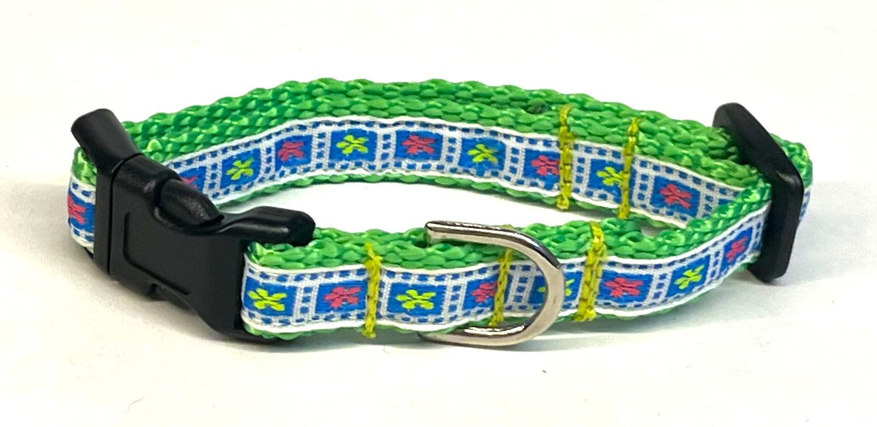 White with Blue Squares & Pink and Green Flowers Dog Collar 1/2