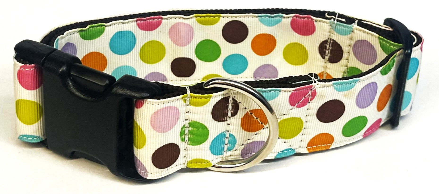 White with Blue, Pink, Orange, Green, Purple, Brown, and Yellow Polka Dots Dog Collar 1 1/2 in