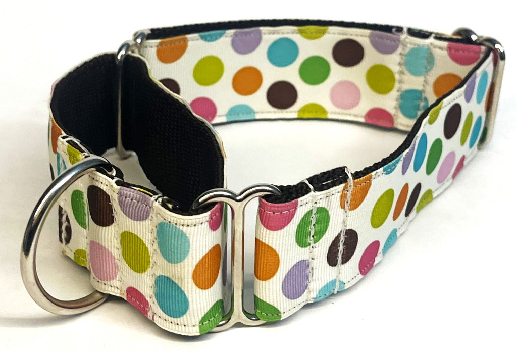 White with Blue, Pink, Orange, Green, Purple, Brown, and Yellow Polka Dots Martingale Collar 1 1/2 in