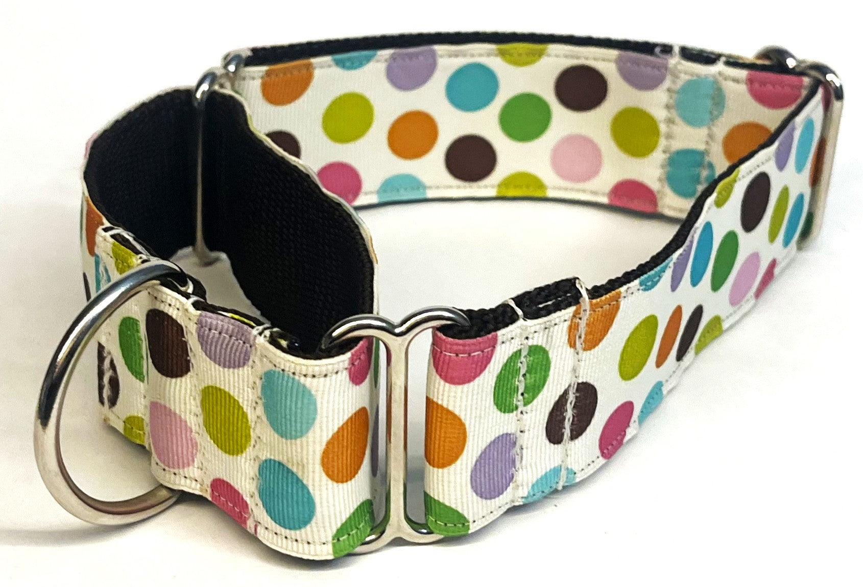 White with Blue, Pink, Orange, Green, Purple, Brown, and Yellow Polka Dots Martingale Collar 1 1/2 in