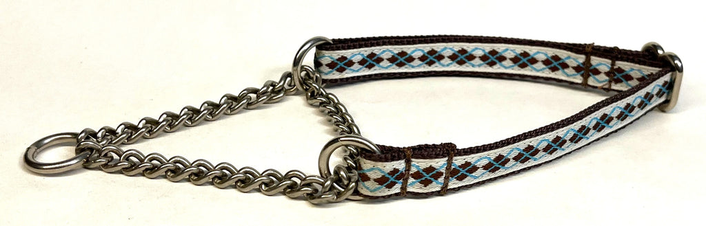 White with Brown and Blue Argyle Chain Martingale Collar 1/2