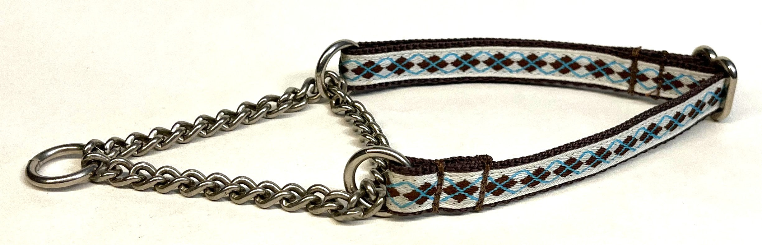 White with Brown and Blue Argyle Chain Martingale Collar 1/2
