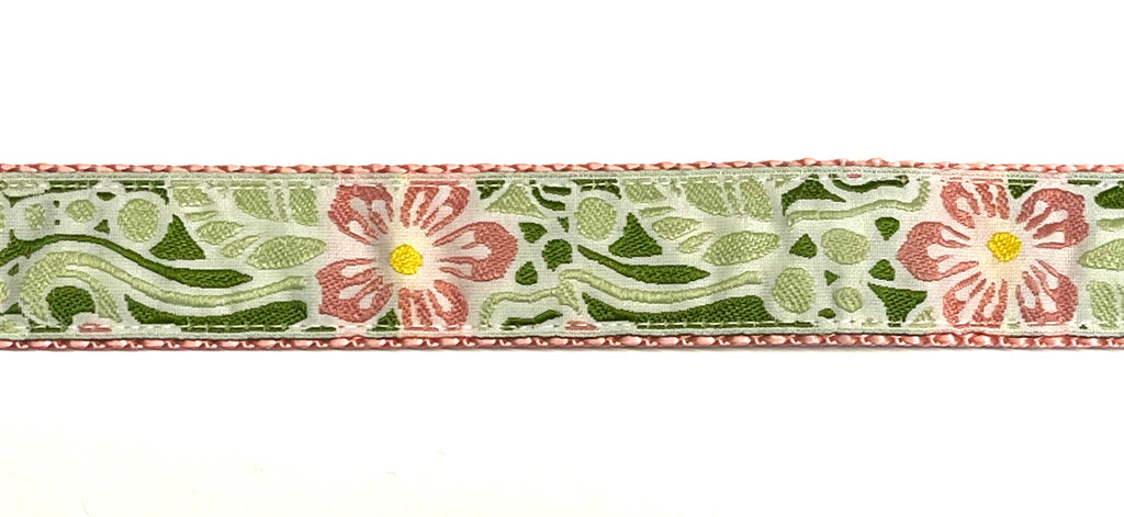 White with Green and Light Pink Flower Design Dog Collar 1in