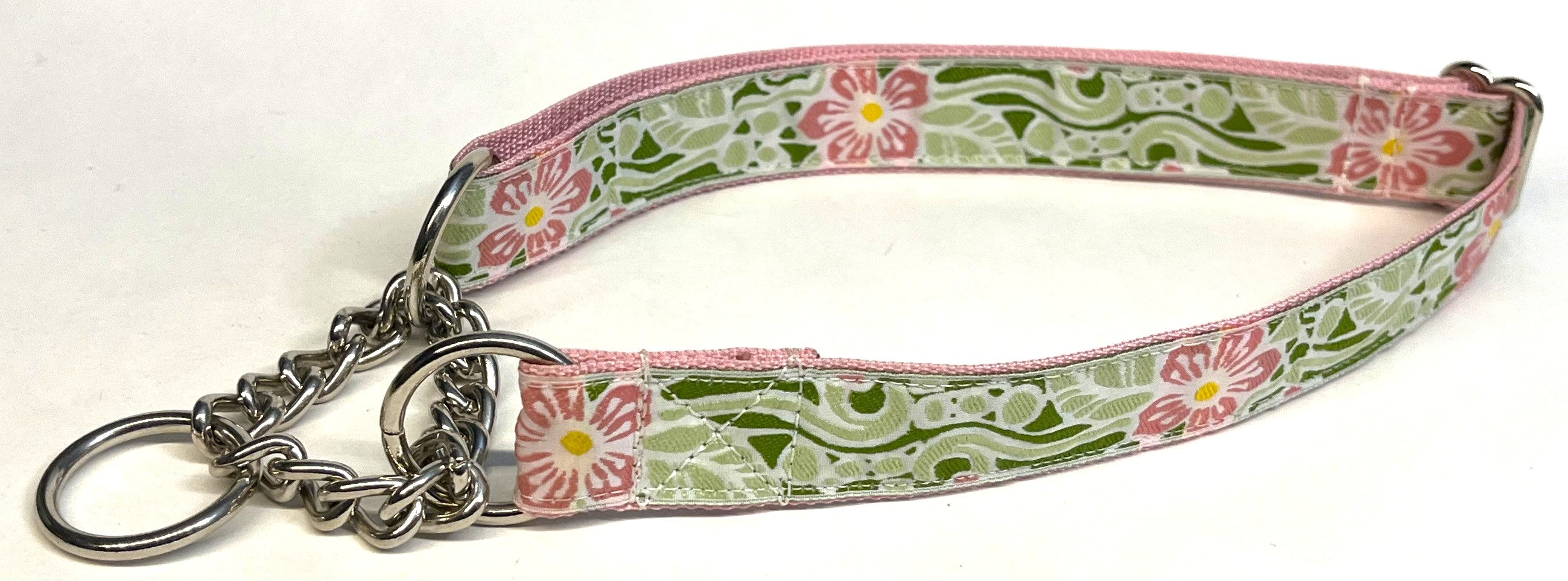 White with Green and Light Pink Flower Design Chain Martingale Collar 1in