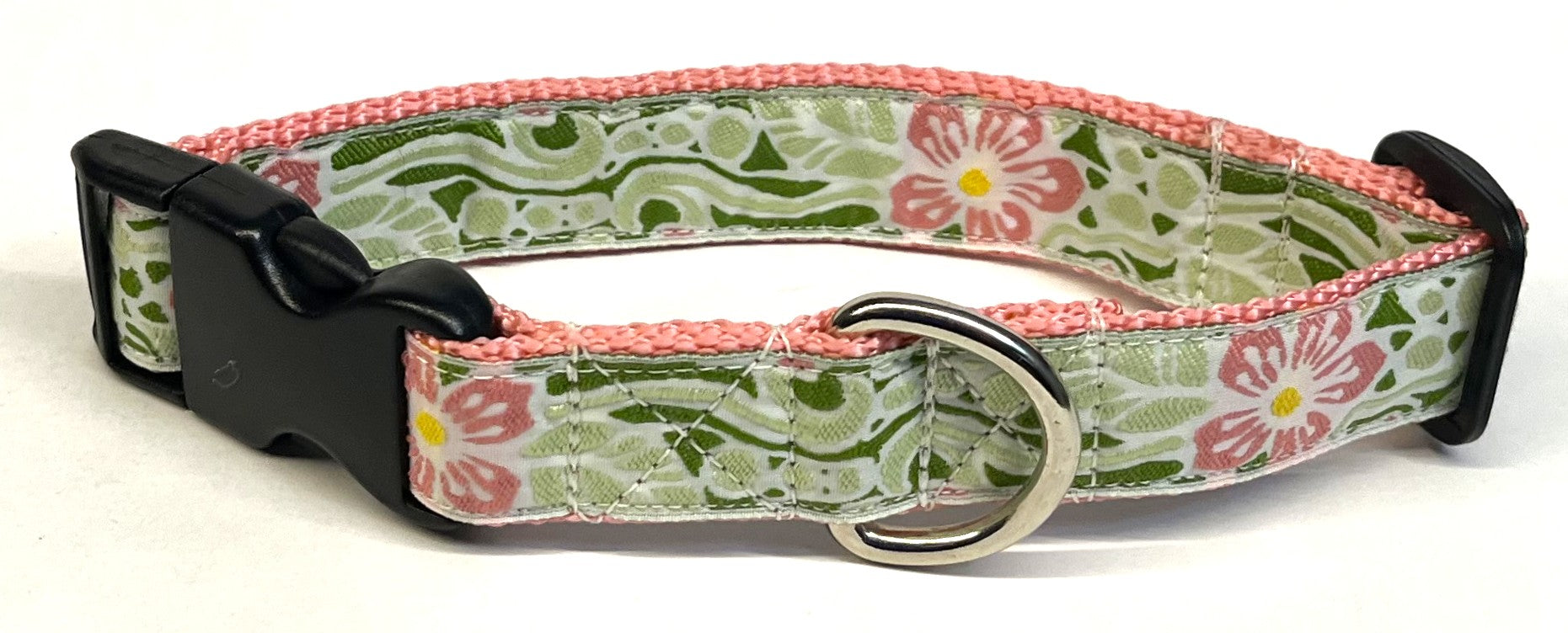 White with Green and Light Pink Flower Design Dog Collar 1in