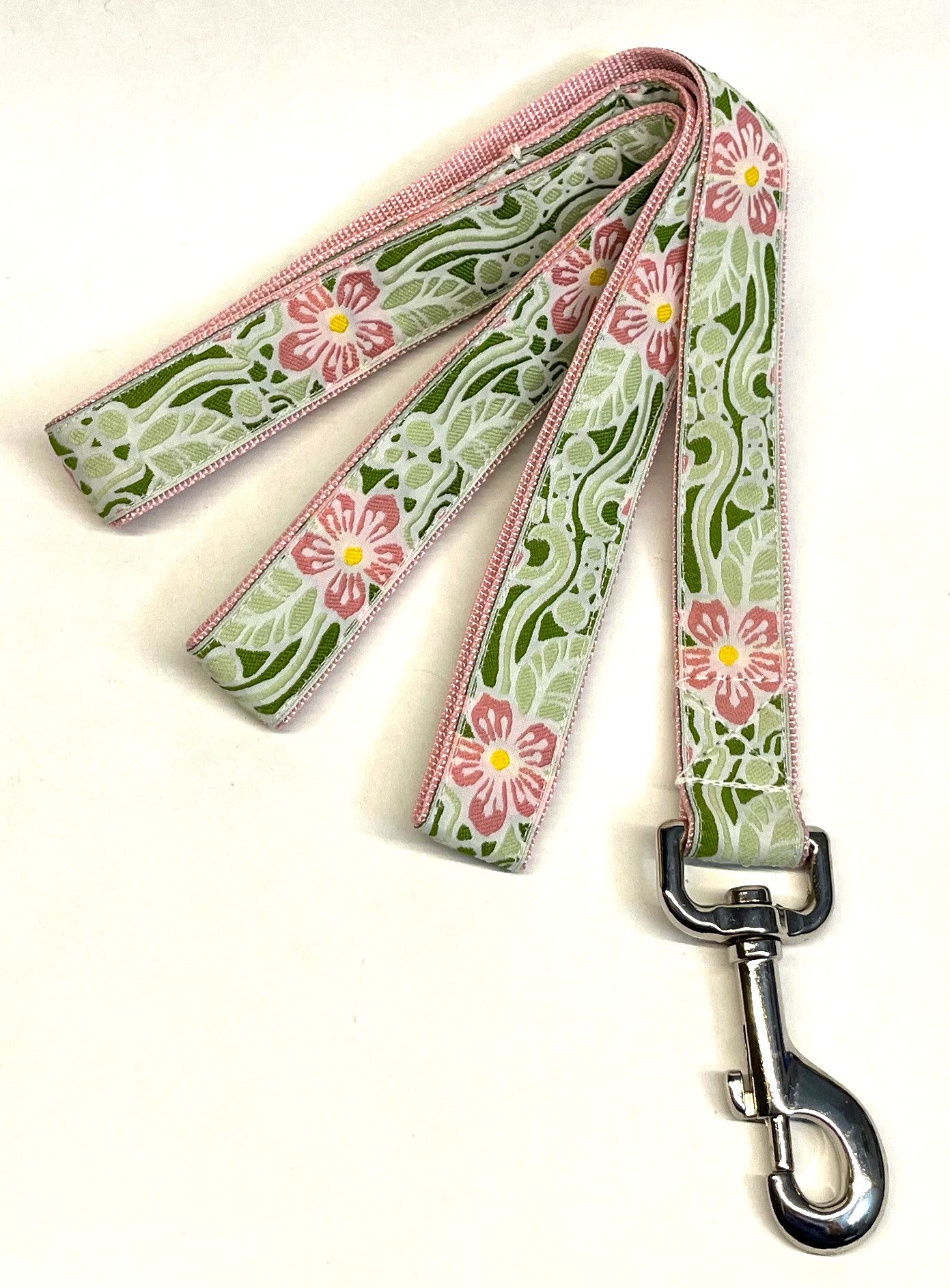 White with Green and Light Pink Flower Design Dog Leash 1in