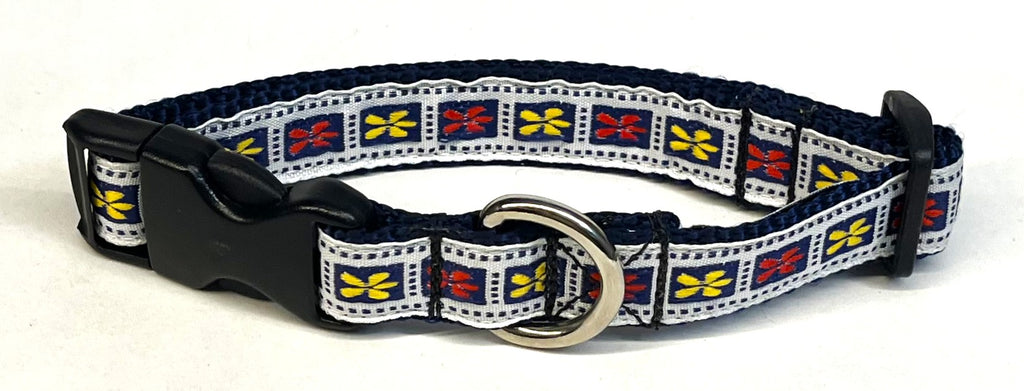 White with Navy Dots & Yellow and Red Flowers Dog Collar 3/4