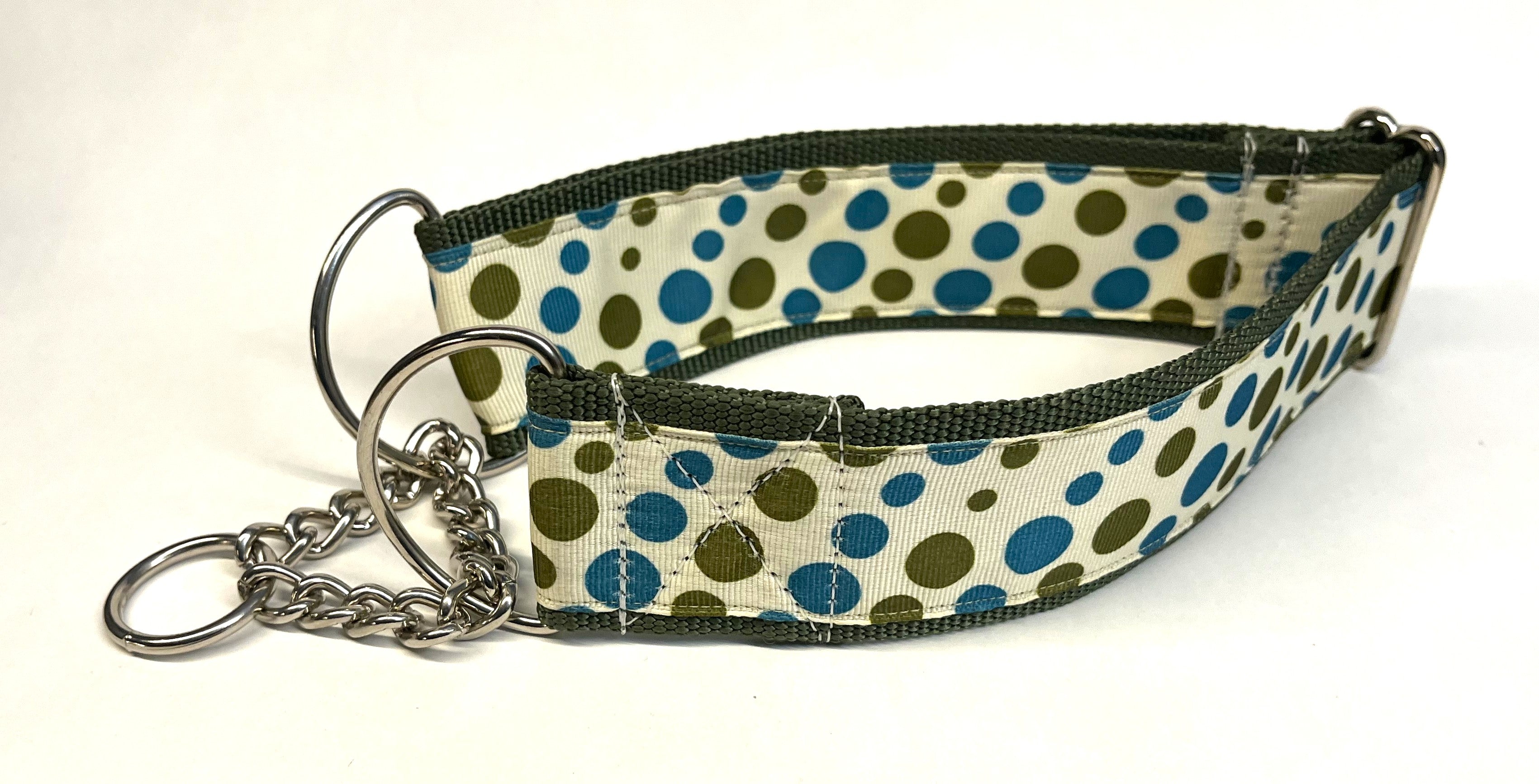 White with Olive and Teal Bubble Dots Chain Martingale Collar 2in