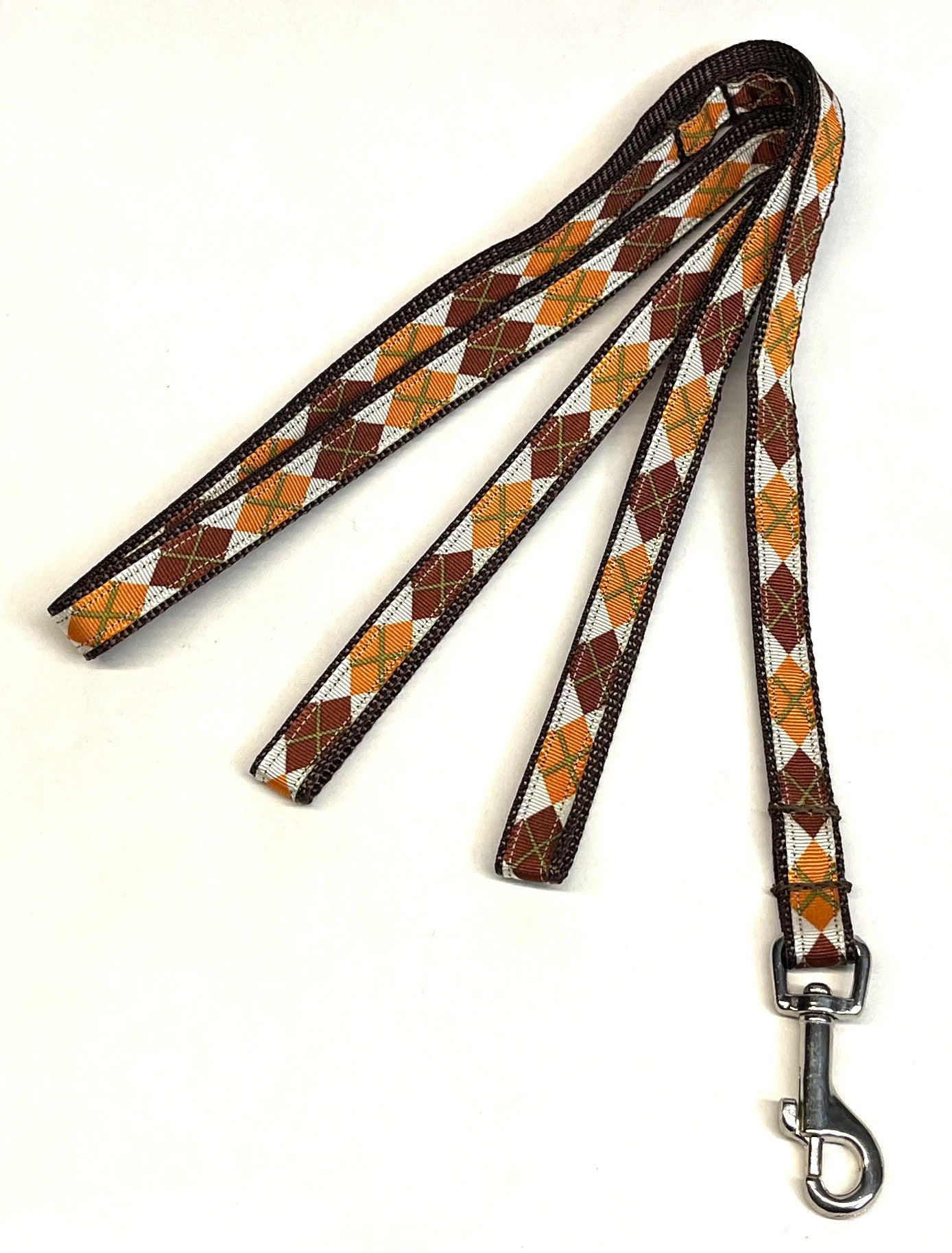 White with Orange, Burgundy, and Olive Green Argyle Dog Leash 1/2