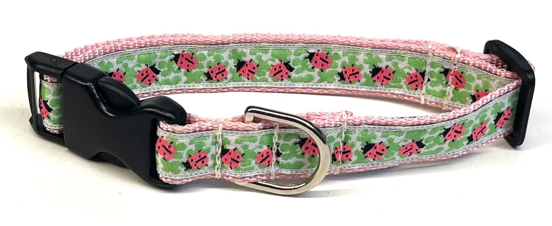 White with Pink Ladybugs and Green Leaves Dog Collar 3/4