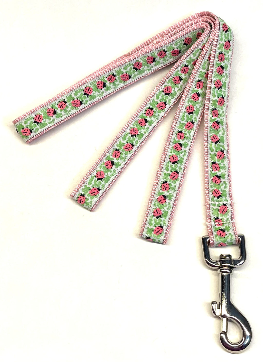 White with Pink Ladybugs and Green Leaves Dog Leash 3/4