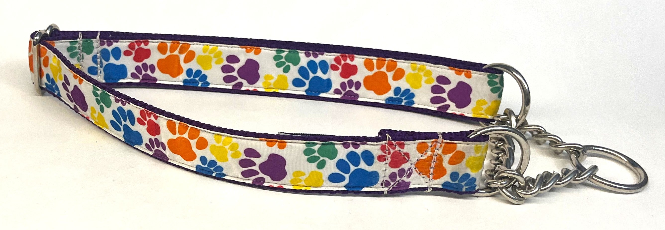 White with Rainbow Paws Chain Martingale Collar 1in