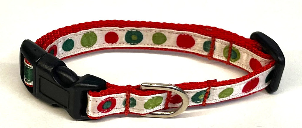 White with Red, Green & Olive Dots Dog Collar 1/2