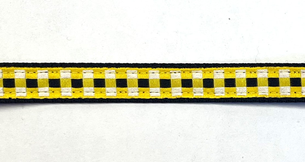 Yellow black and white plaid checkerboard dog collar on black webbing, 1/2 inch width