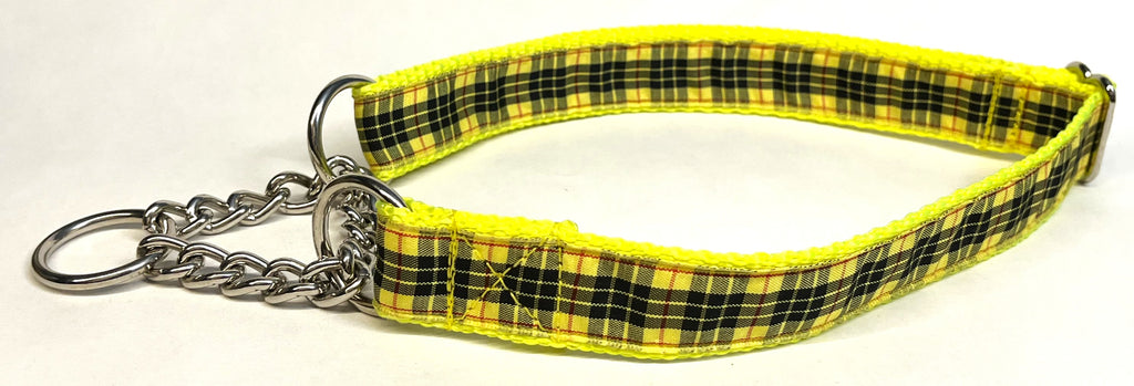 Yellow, Black and Red Plaid Chain Martingale Collar 1in