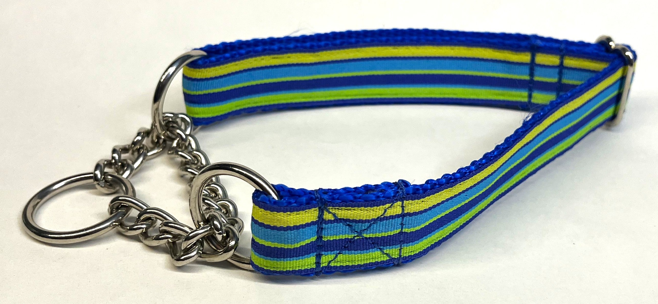 Blue, Yellow, Light Blue, and Green Stripe Chain Martingale Collar 1in